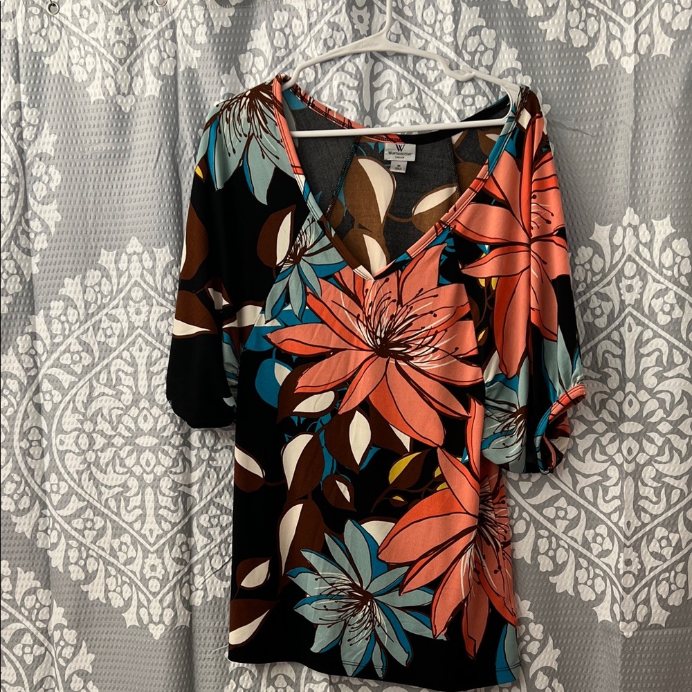 Worthington Black Floral Blouse with Orange and Blue Accents